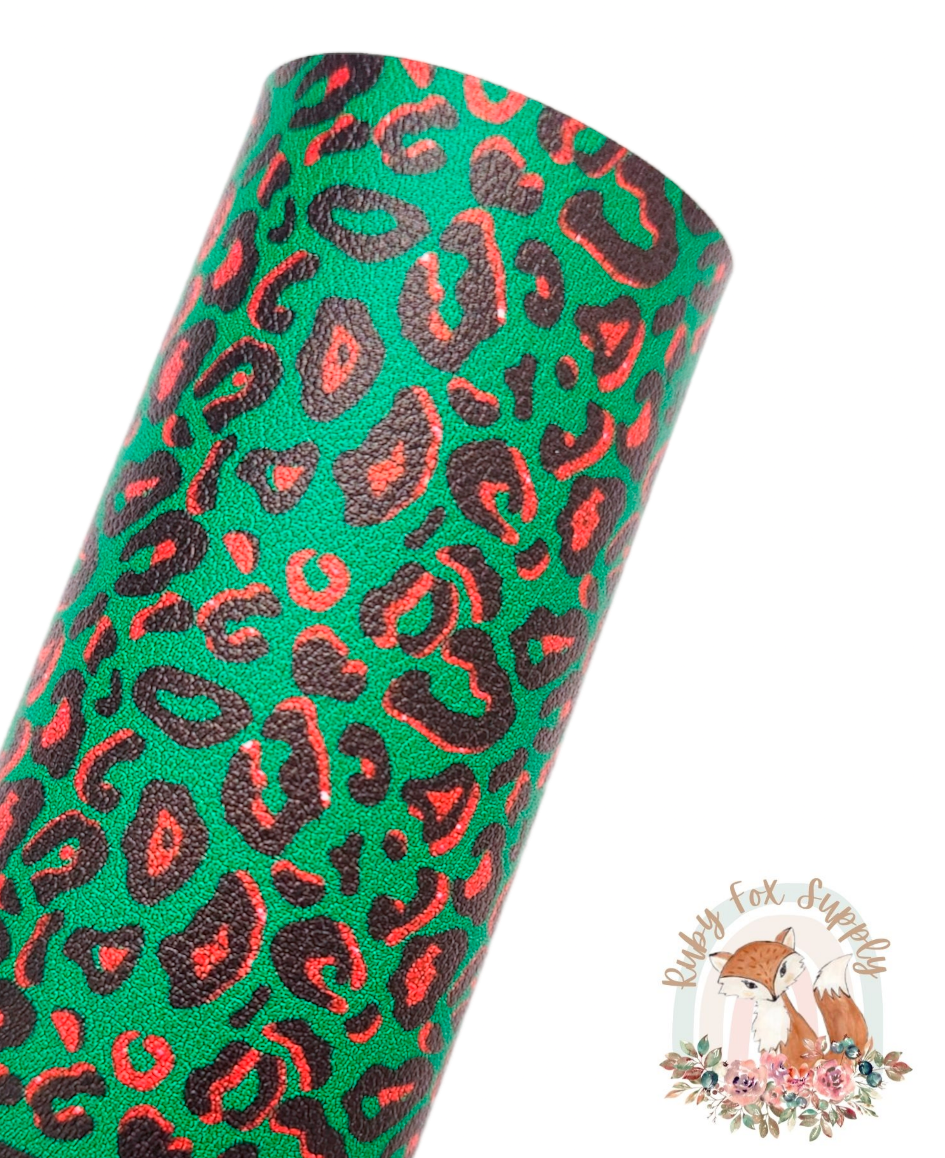 Green Christmas Cheetah Print 9x12 faux leather sheet