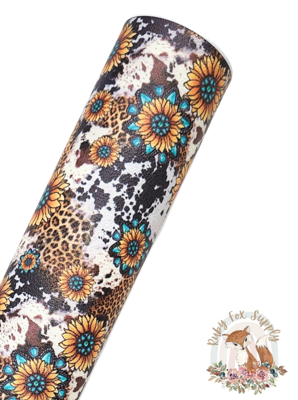 Cow Print Sunflowers 9x12 faux leather sheet