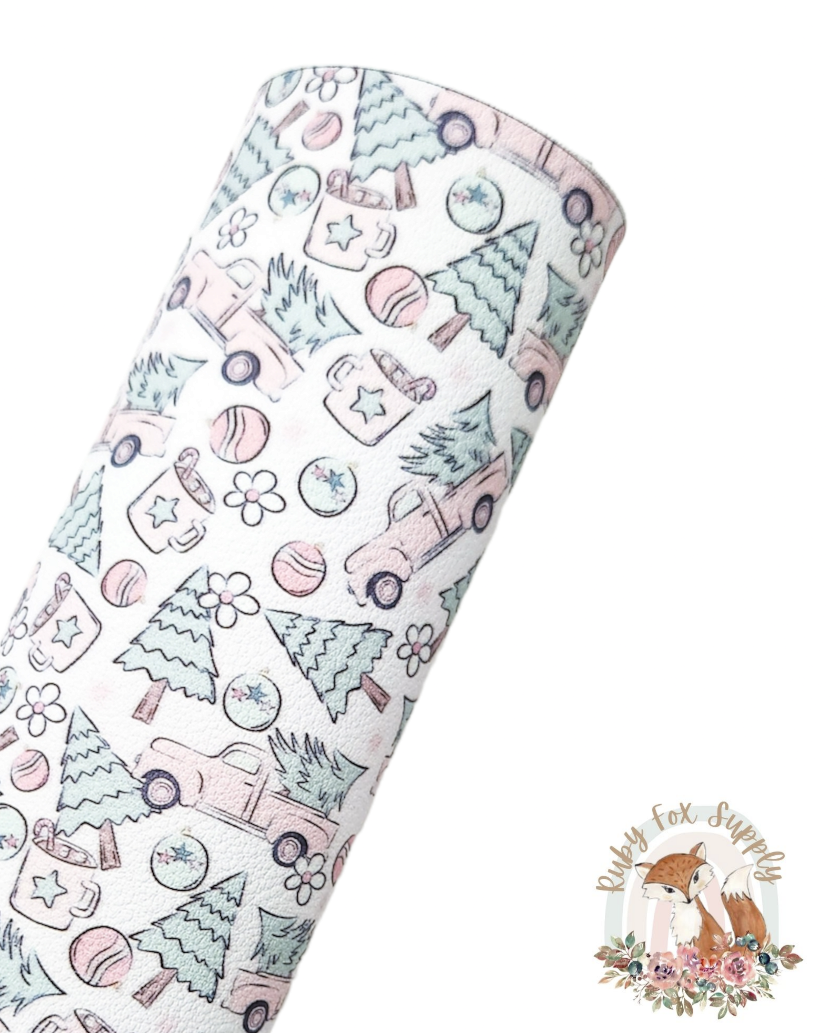 Pink Christmas Trucks 9x12 faux leather sheet