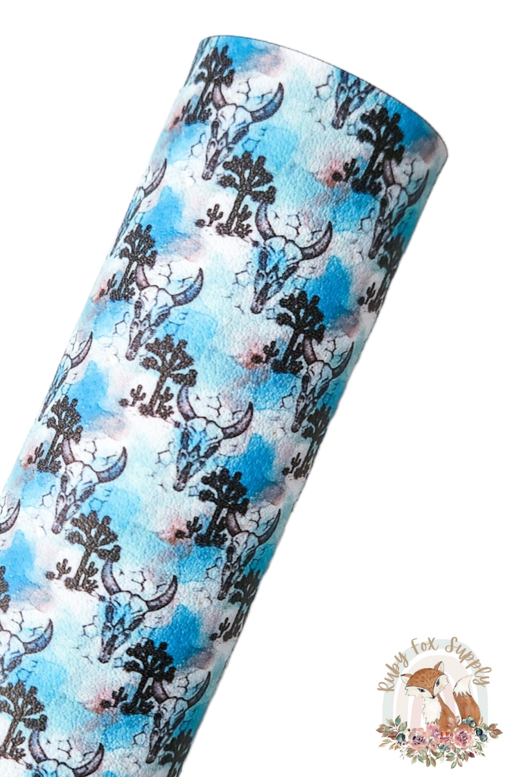 Aqua Cow Skull 9x12 faux leather sheet