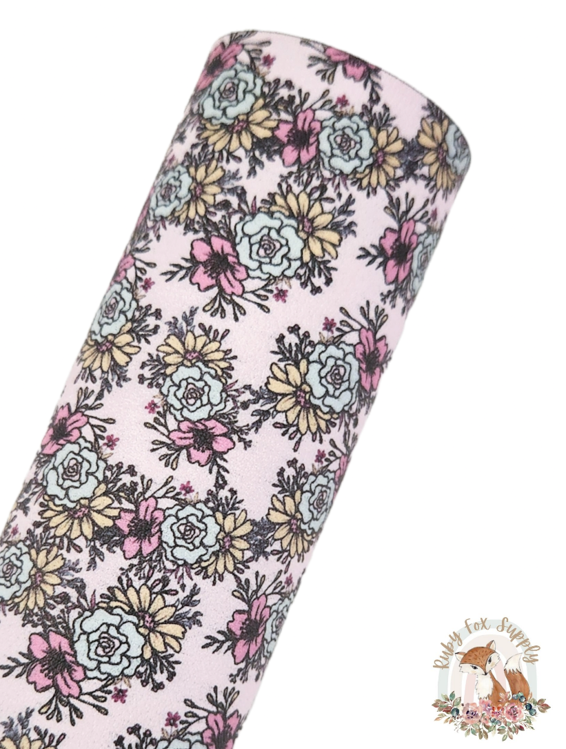 Pretty Pink Blue Floral 9x12 faux leather sheet