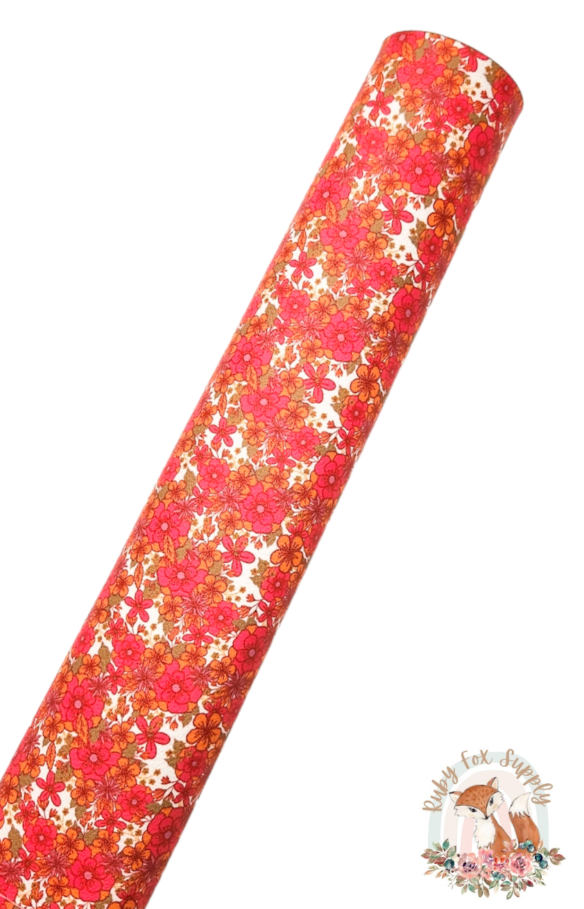 Dark Pink Orange Floral 9x12 faux leather sheet