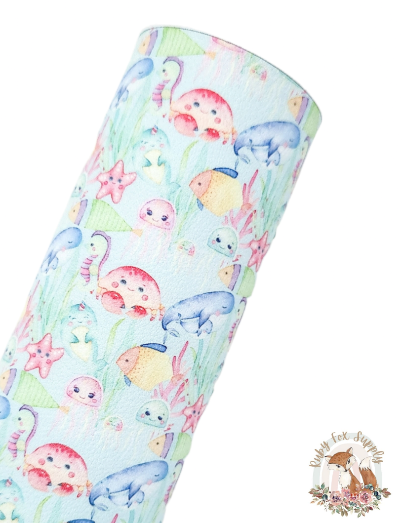 Cute Sea Animals 9x12 faux leather sheet