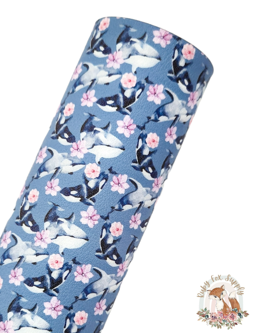 Floral Whales 9x12 faux leather sheet