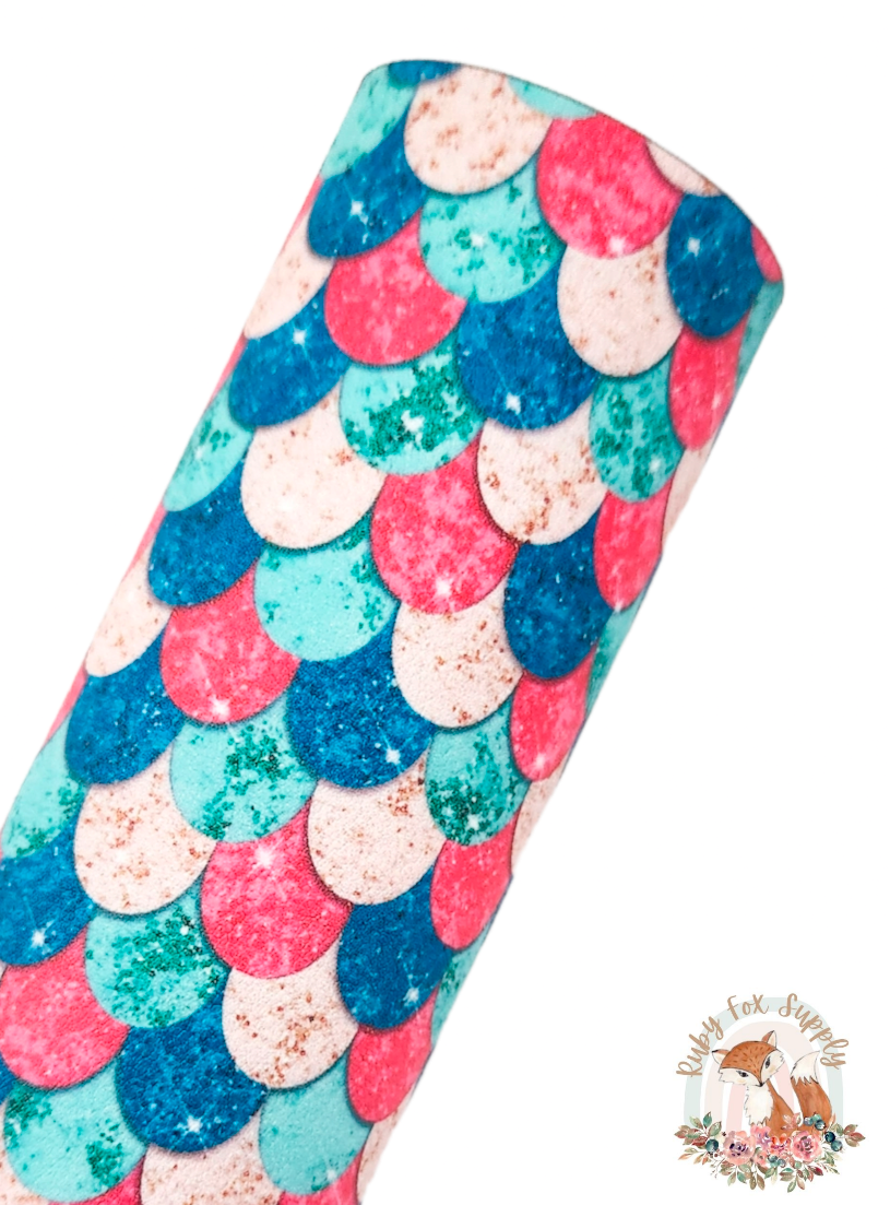 Coral Blue Mermaid Scales 9x12 faux leather sheet