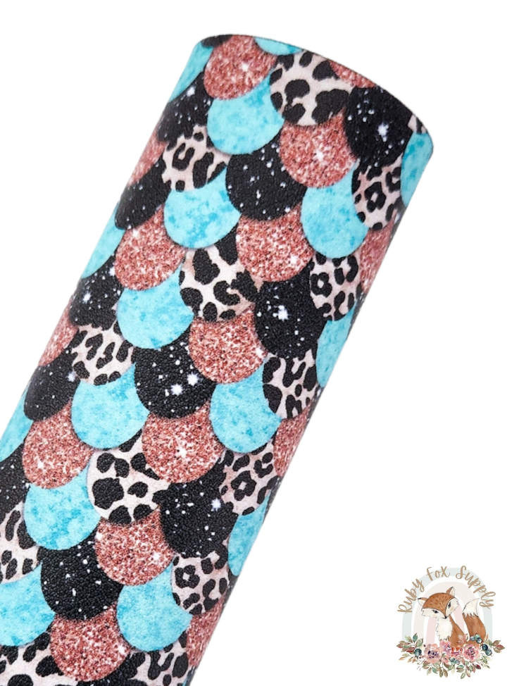 Aqua Animal Print Mermaid Scales 9x12 faux leather sheet