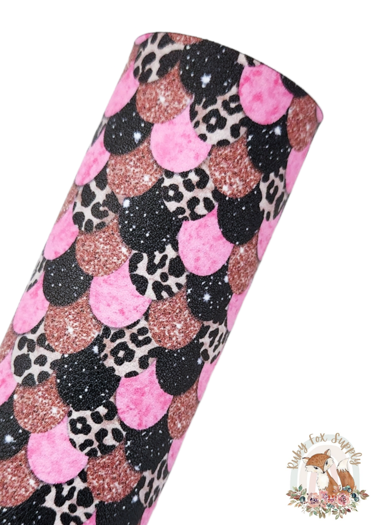 Pink Animal Print Mermaid Scales 9x12 faux leather sheet