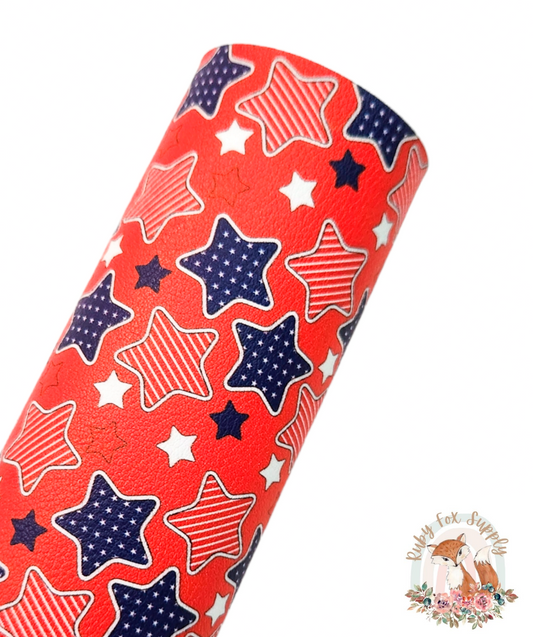 Red Patriotic Stars 9x12 faux leather sheet