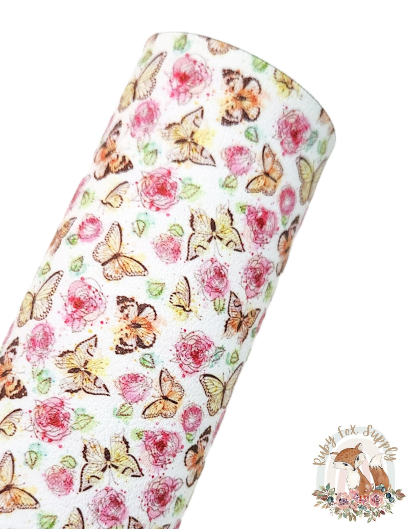Yellow Pink Butterflies 9x12 faux leather sheet