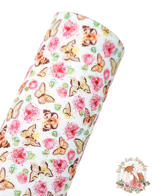 Yellow Pink Butterflies 9x12 faux leather sheet