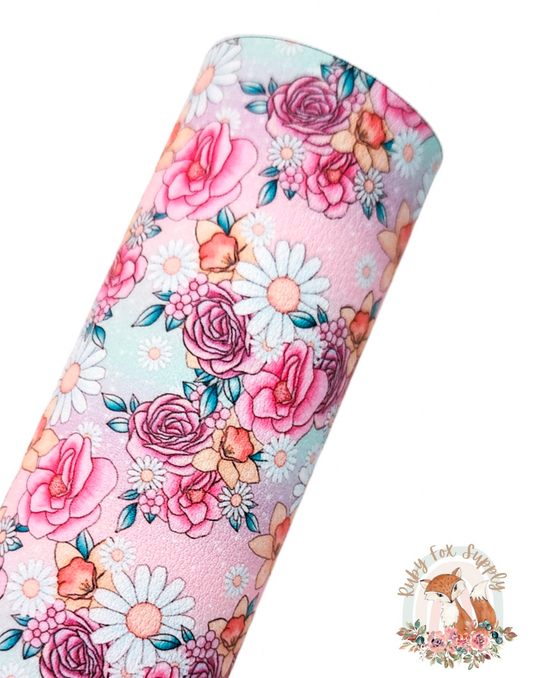 Pretty Colorful Floral 9x12 faux leather sheet