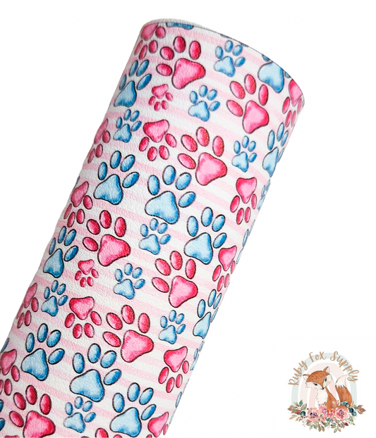 Blue Pink Paw Prints 9x12 faux leather sheet