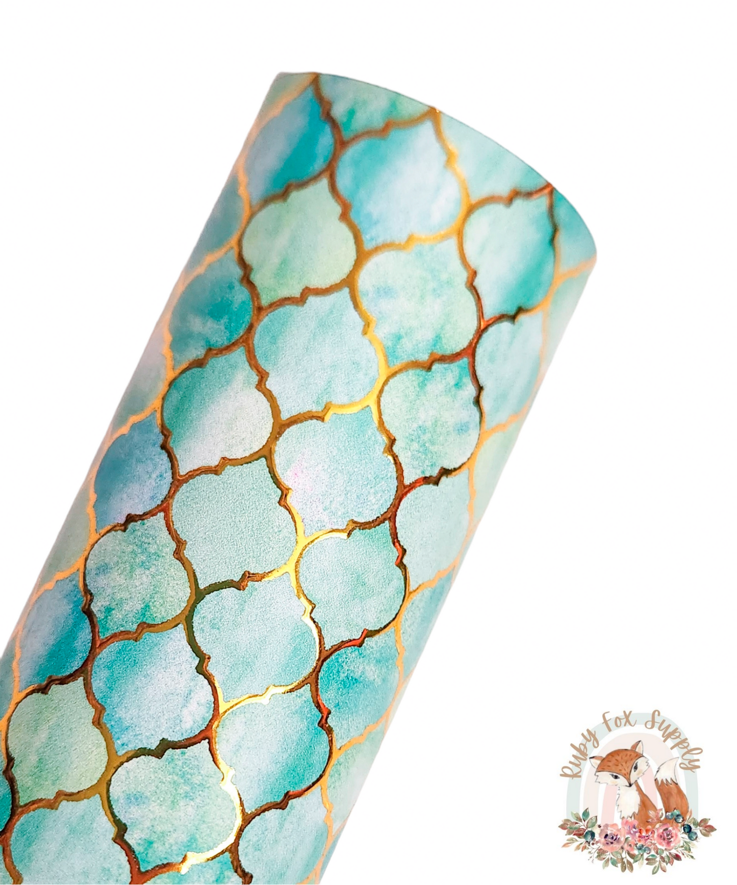 Aqua Quatrefoil Gold Foil faux leather sheet