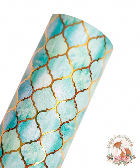 Aqua Quatrefoil Gold Foil faux leather sheet
