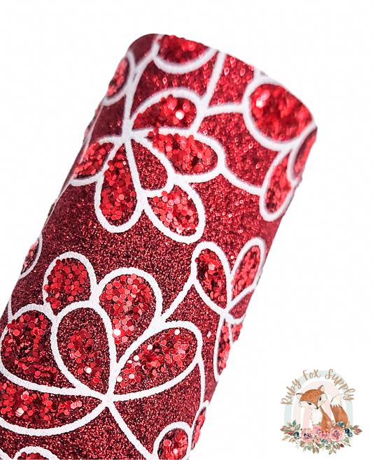 Glitter Red Flower 9x12 faux leather sheet
