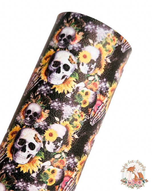 Skulls and Sunflowers 9x12 faux leather sheet