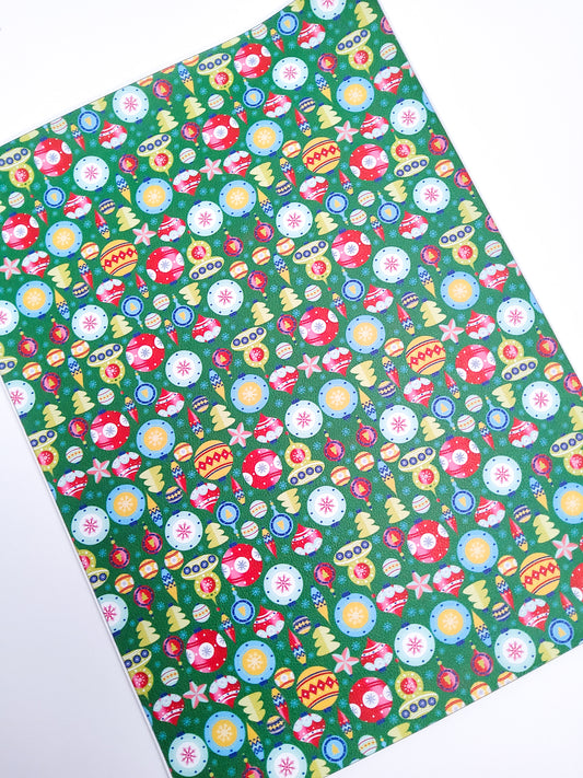 Green Christmas Ornaments 9x12 faux leather sheet
