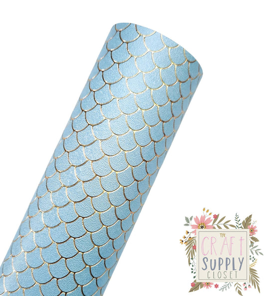 Light Blue Gold Foil Mermaid Scales 9x12 faux leather sheet