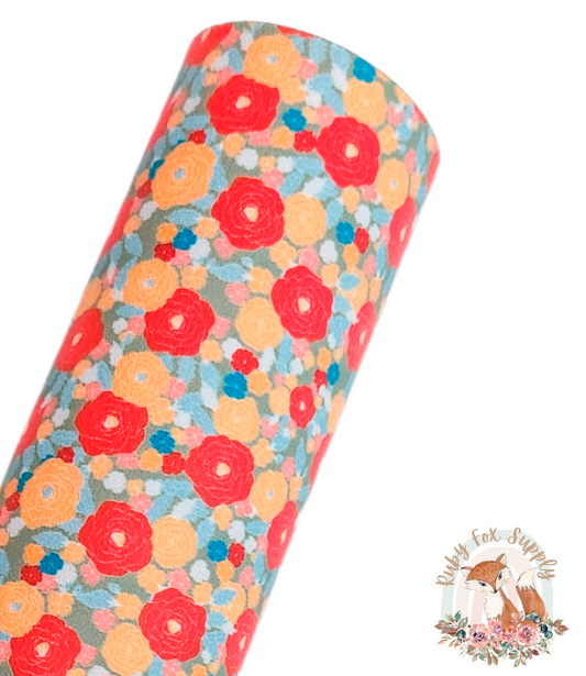 Red and Mustard Floral 9x12 faux leather sheet