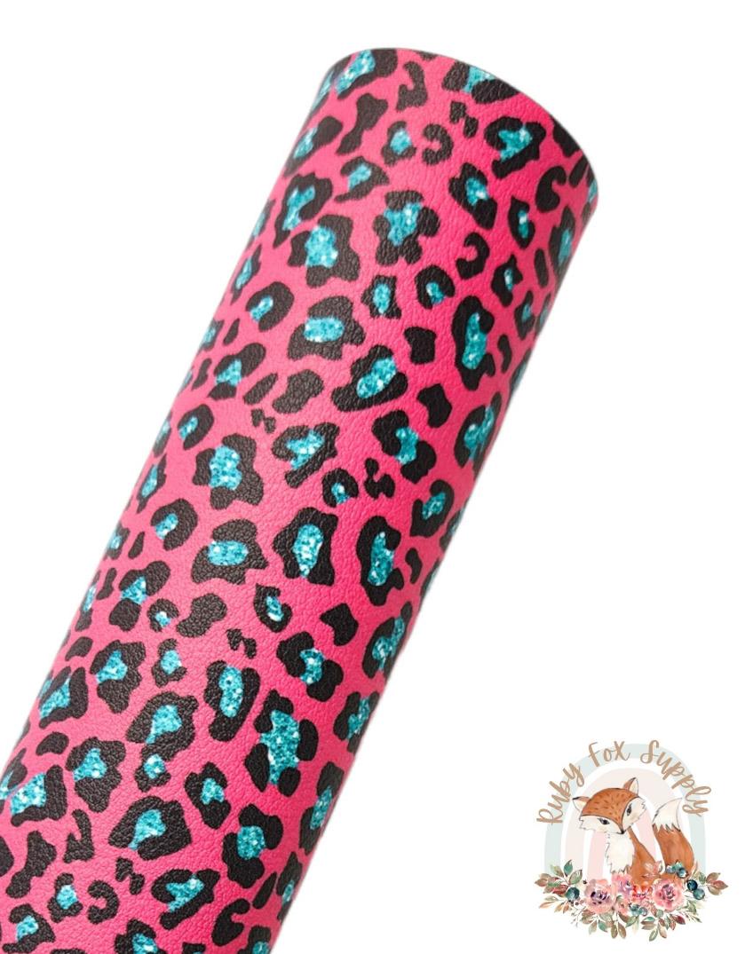 Pink Blue Leopard Print 9x12 faux leather sheet