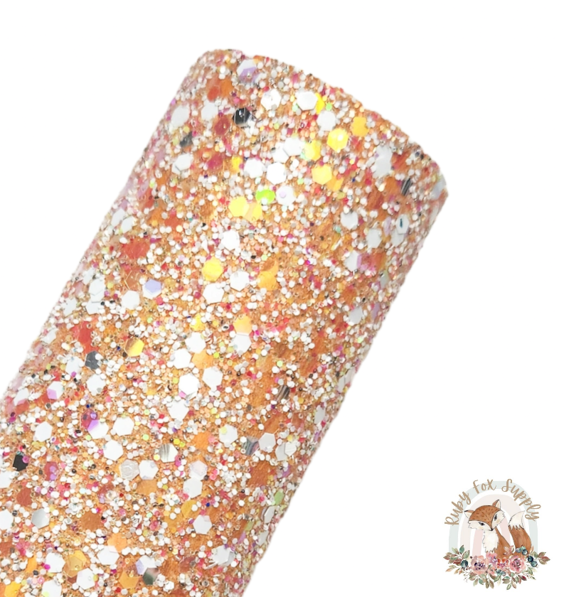Orange White Sparkle Chunky Glitter 9x12 faux leather sheet