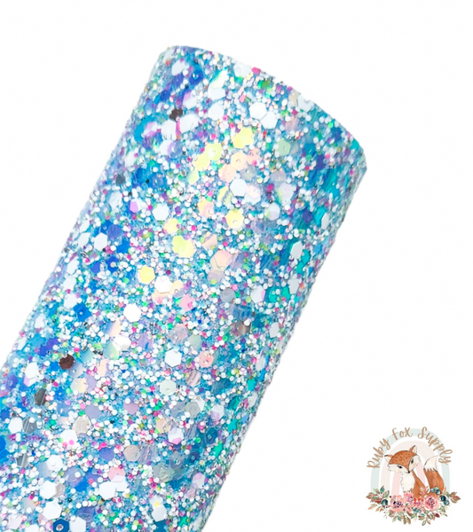 Blue White Sparkle Chunky Glitter 9x12 faux leather sheet