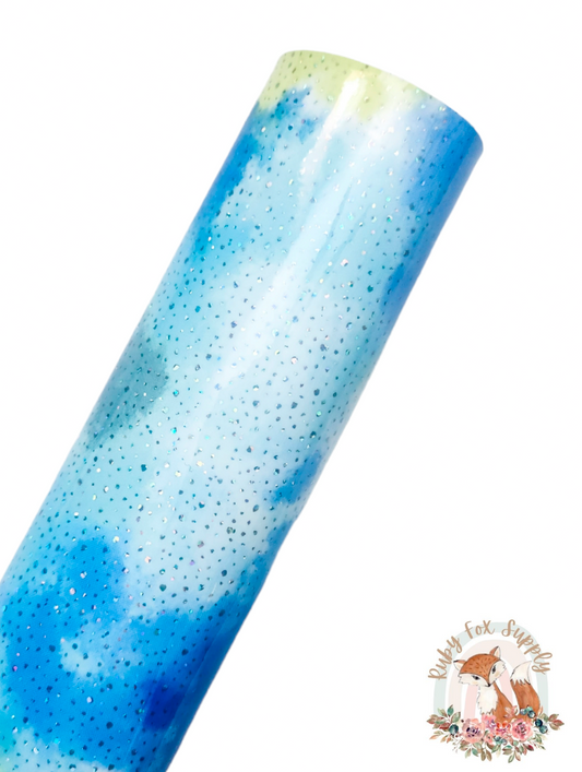 Glossy Blue Yellow Tie Dye Sparkle 9x12 faux leather sheet