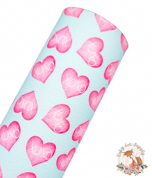 Red and Mint XOXO Hearts 9x12 faux leather sheet