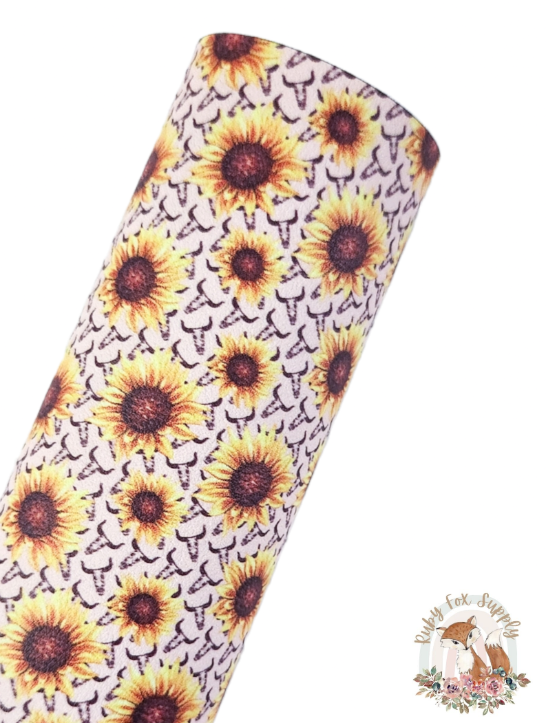 Sunflower Cow Skulls 9x12 faux leather sheet