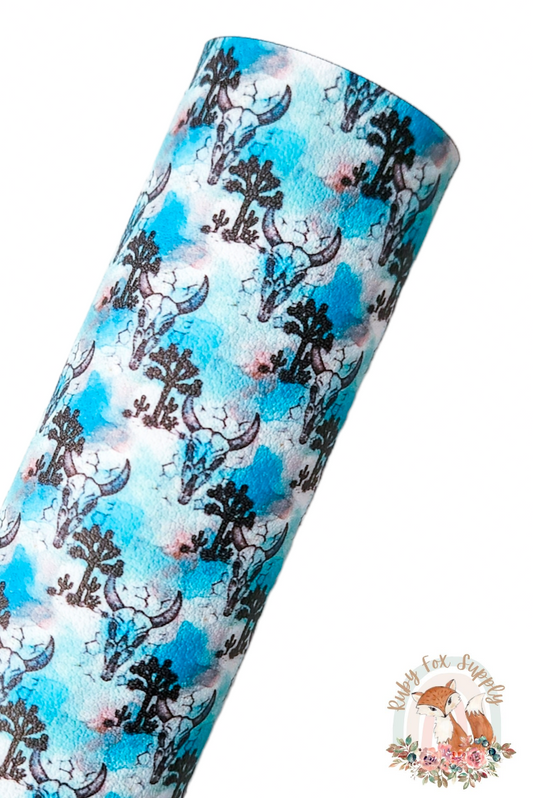 Aqua Cow Skull 9x12 faux leather sheet