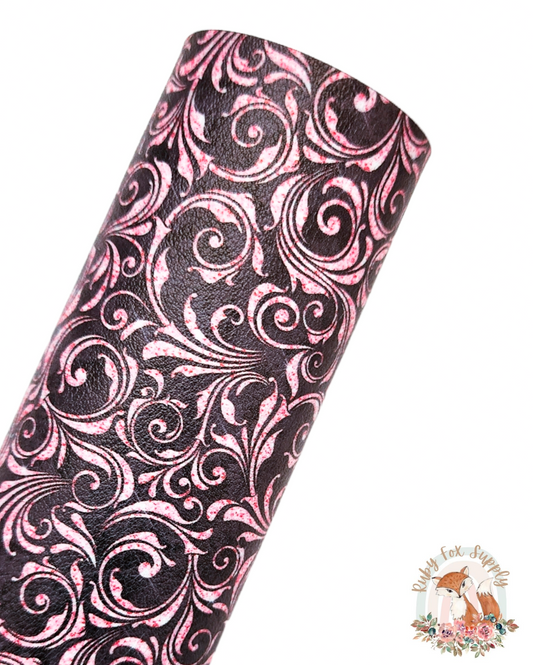 Fancy Black Pink Swirls 9x12 faux leather sheet