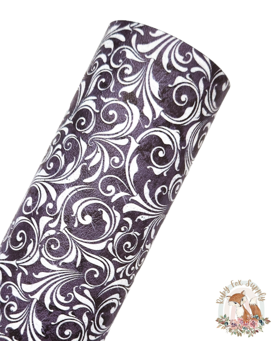 Fancy Black Silver Swirls 9x12 faux leather sheet