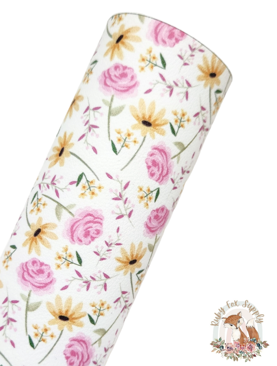 Dainty Pink Yellow Flowers 9x12 faux leather sheet