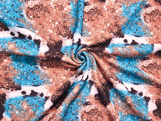 Teal Paisley Cow Print Fabric Strip