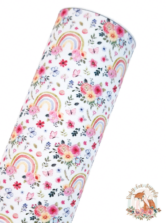 Small Floral Rainbows and Butterflies 9x12 faux leather sheet