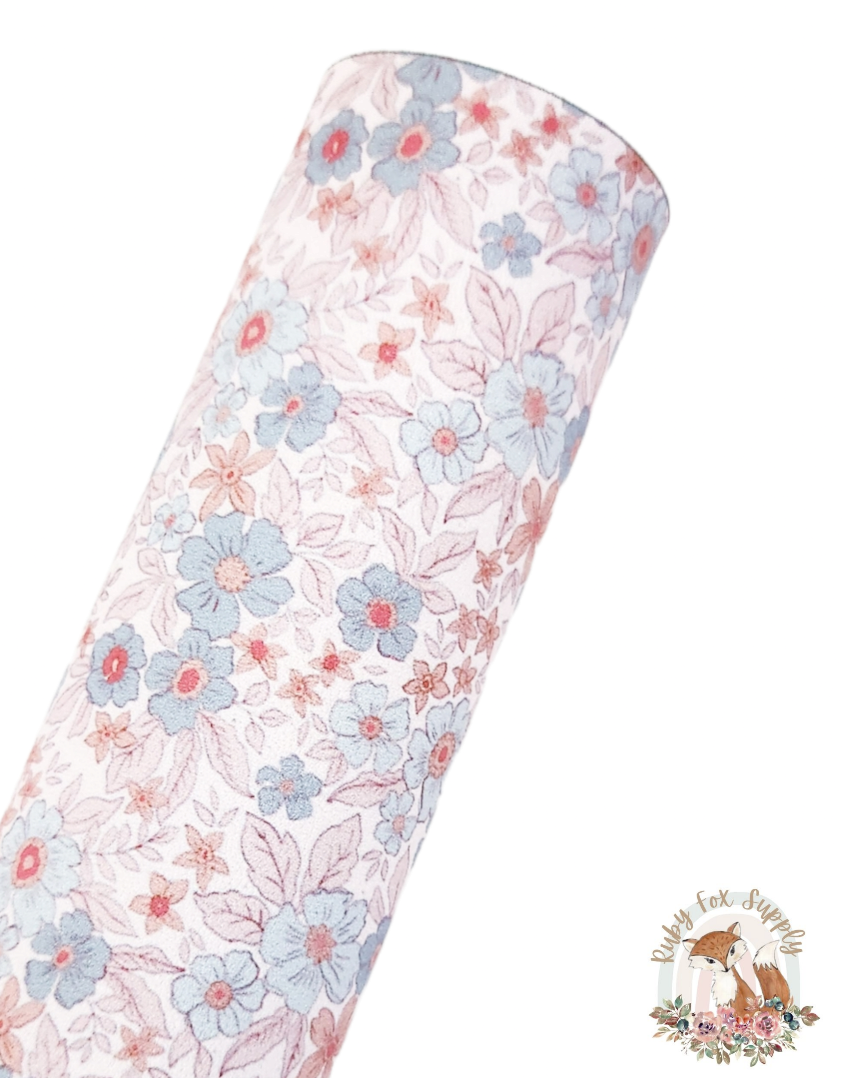 Muted Blue Orange Floral 9x12 faux leather sheet