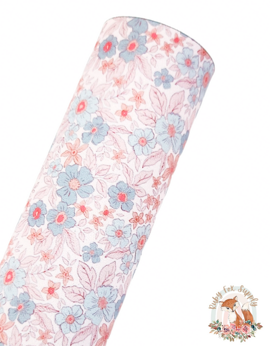 Muted Blue Orange Floral 9x12 faux leather sheet