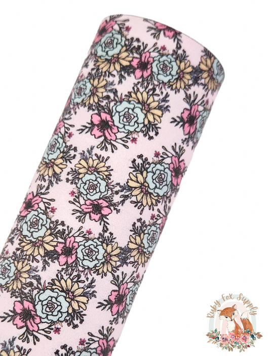 Pretty Pink Blue Floral 9x12 faux leather sheet