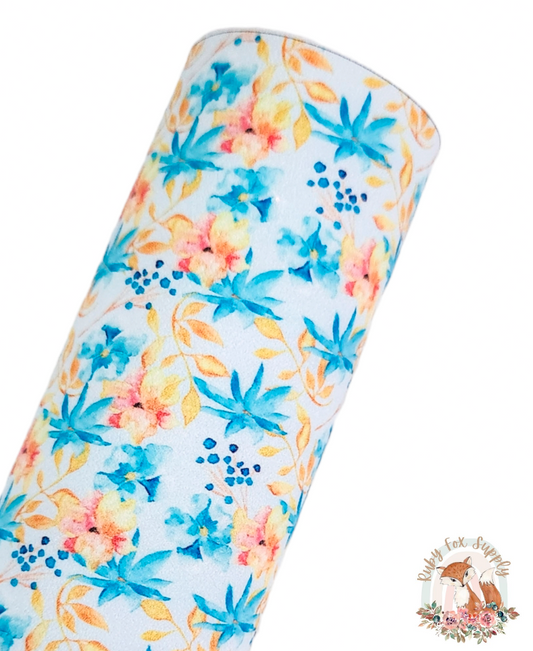 Blue Orange Floral 9x12 faux leather sheet
