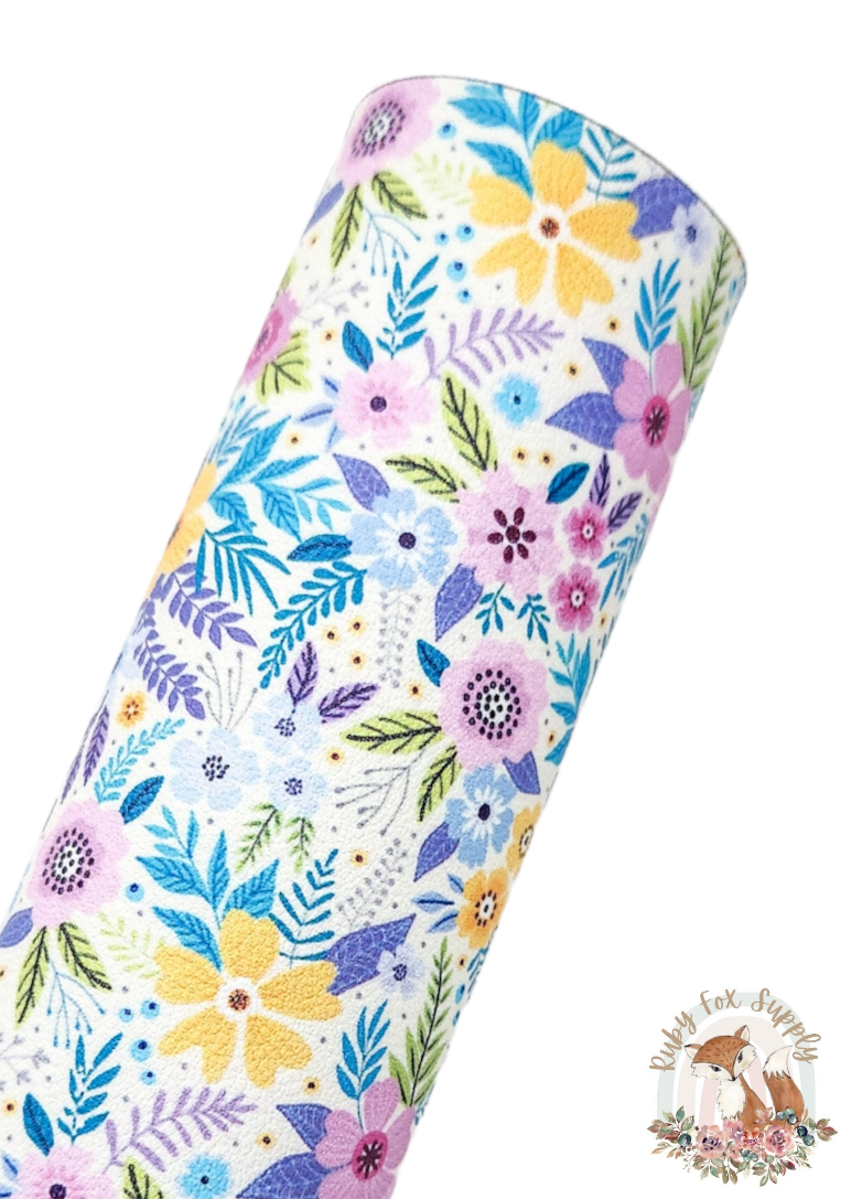 Colorful Blue Purple Floral 9x12 faux leather sheet