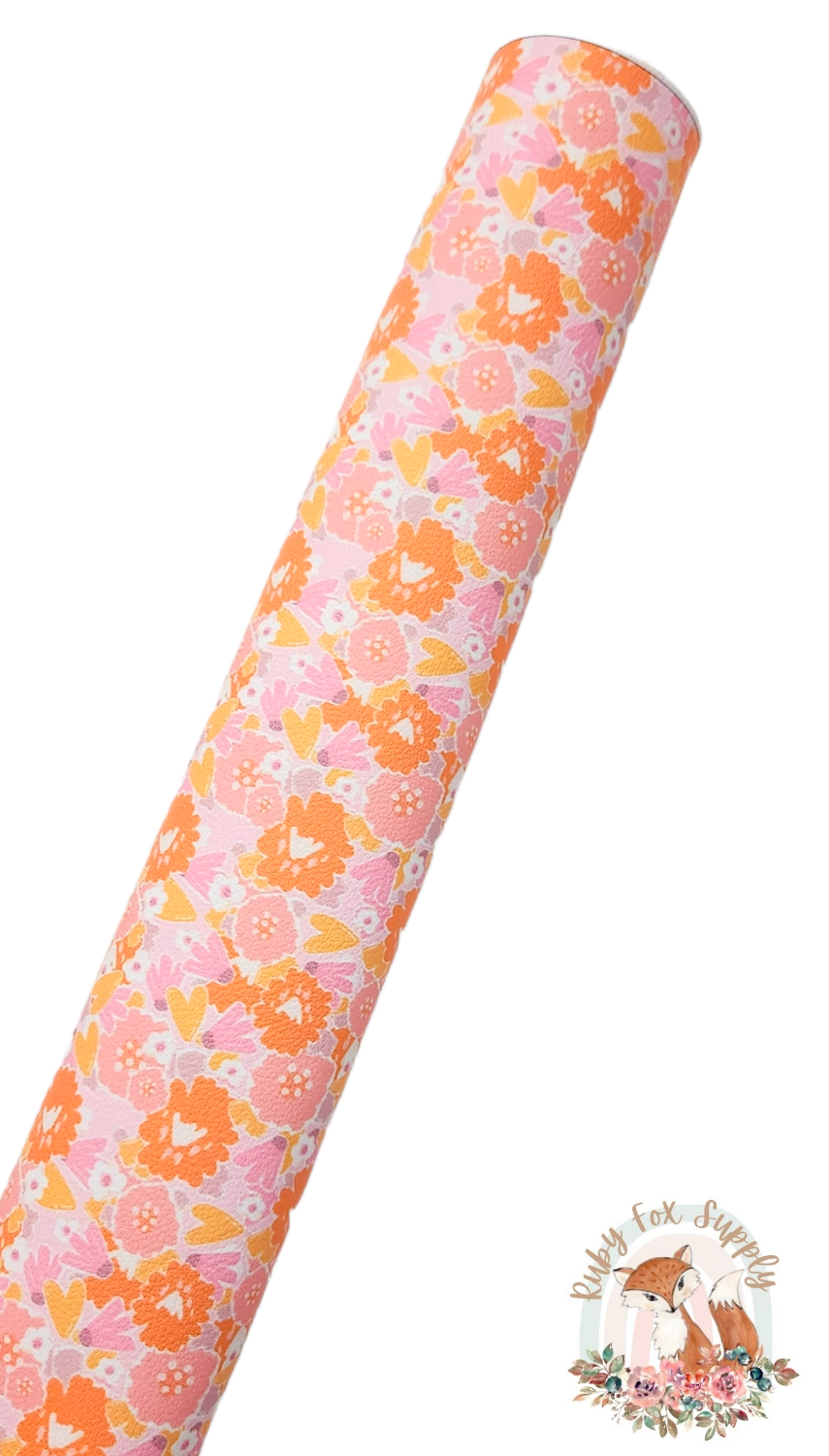 Lovely Pink Orange Yellow Floral 9x12 faux leather sheet