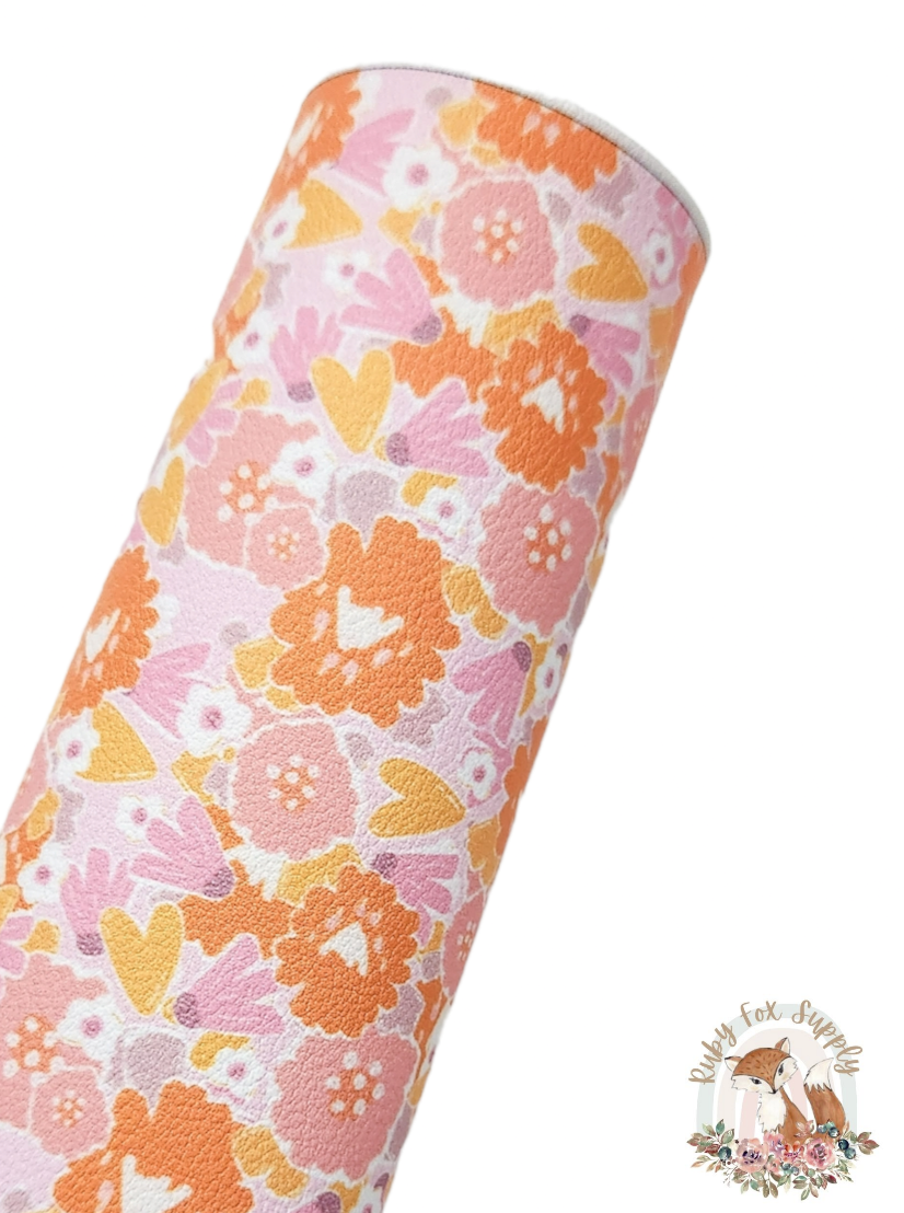 Lovely Pink Orange Yellow Floral 9x12 faux leather sheet
