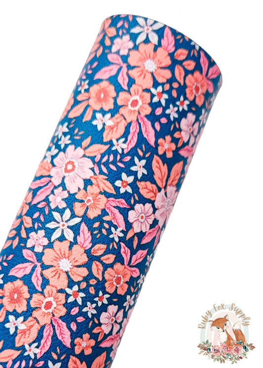 Pink Orange Dark Blue Floral 9x12 faux leather sheet