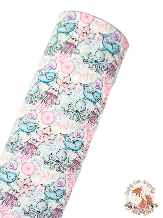Drawn Sea Animals 9x12 faux leather sheet